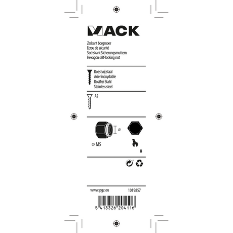 Mack 1019857 - zeskant borgmoer inox a2 6 st m 5 | 10 stuks