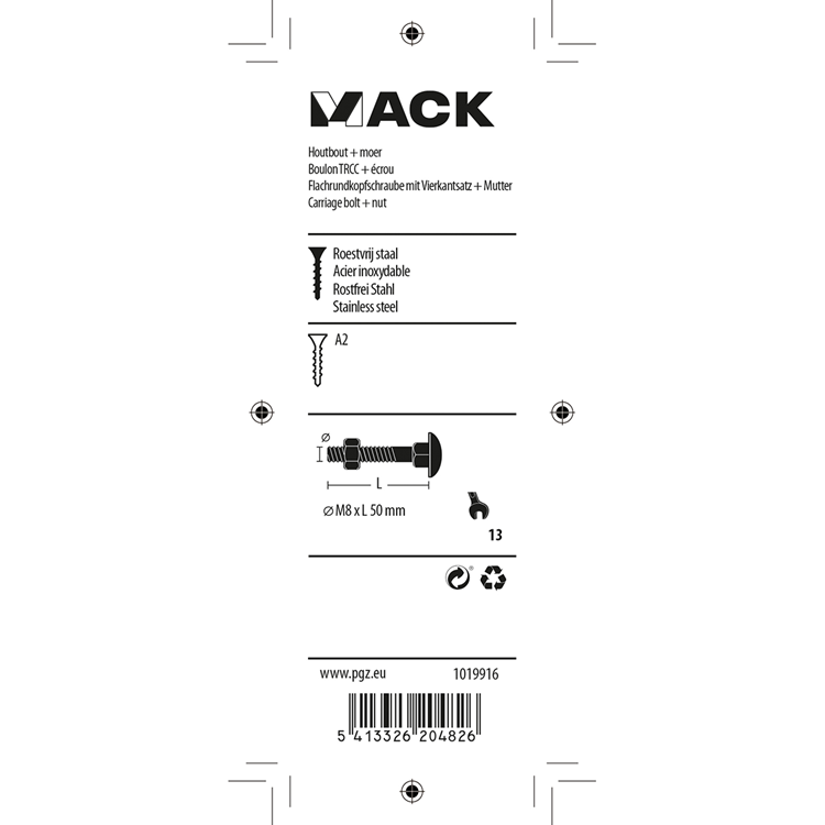 Mack 1019916 - houtbout + moer roestvrijstaal 3 st m8 x 50 mm | 5 stuks