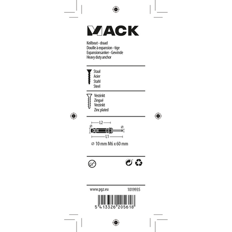 Mack 1019935 - keilbout met draadst. verzinkt 4 st m6 x 60 mm | 5 stuks