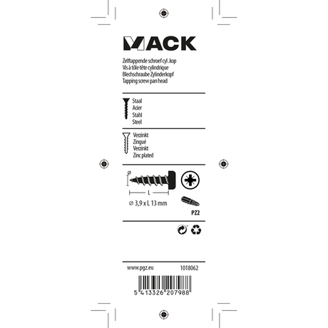 Mack 1018062 - zelftappende schroef cylkop verz. 65 st 3,9 x 13 mm | 10 stuks