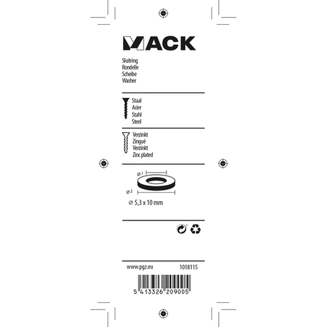 Mack 1018115 - sluitring staal verzinkt 200 st 5,3 x 10 mm | 10 stuks
