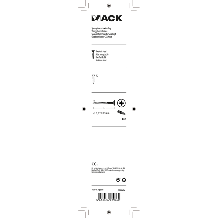 Mack 1020002 - spaanplaatschroef vz kop rvs 15 st 5,0 x 80 mm | 5 stuks