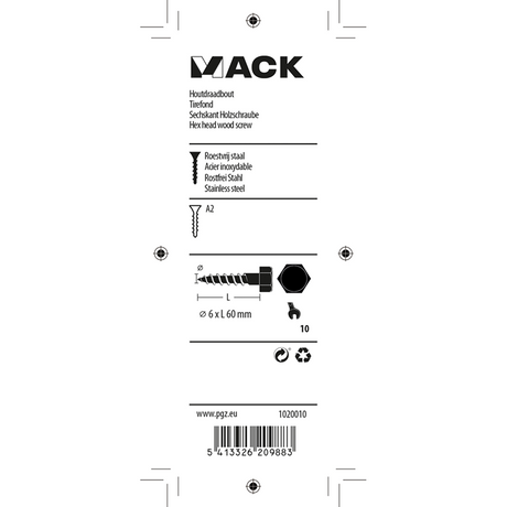 Mack 1020010 - houtdraadbout roestvrijstaal 10 st 6 x 60 mm | 5 stuks