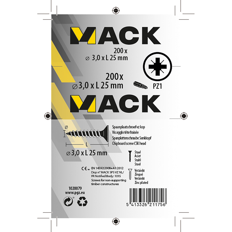 Mack 1020079 - spaanplaatschroef vz kop geel vz 200 st 3,0 x 25 mm | 5 stuks