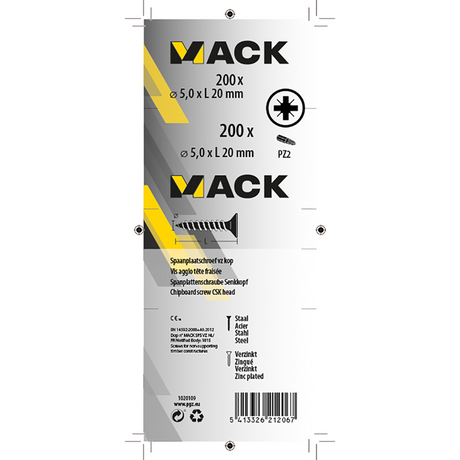 Mack 1020109 - spaanplaatschroef vz kop geel vz 200 st 5,0 x 20 mm | 5 stuks