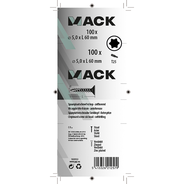 Mack 1020153 - spaanplaatschroef vz kp-zelfb.gvz 100st 5,0 x 60 mm | 5 stuks
