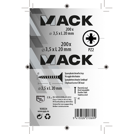 Mack 1020226 - spaanplaatschroef vz kop inox a2 200 st 3,5 x 20 mm | 2 stuks