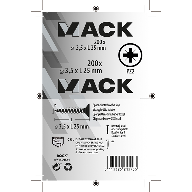 Mack 1020227 - spaanplaatschroef vz kop inox a2 200 st 3,5 x 25 mm | 2 stuks