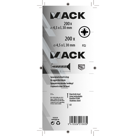 Mack 1020238 - spaanplaatschroef vz kop inox a2 200 st 4,5 x 30 mm | 2 stuks