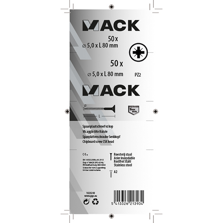 Mack 1020248 - spaanplaatschroef vz kop inox a2 50 st 5,0 x 80 mm | 2 stuks