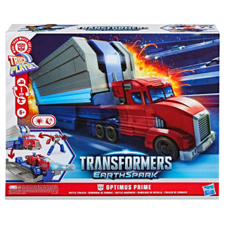 Hasbro transformers speelgoed earthspark optimus prime battle trailer robot.
