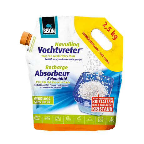 Bison vochtvreter® losse kristallen neutraal zak 2.5 kg, navulling voor een vochtvreter®, eenvoudig in gebruik, geschikt voor alle navullingen, voor alle woonruimtes, campers, caravans