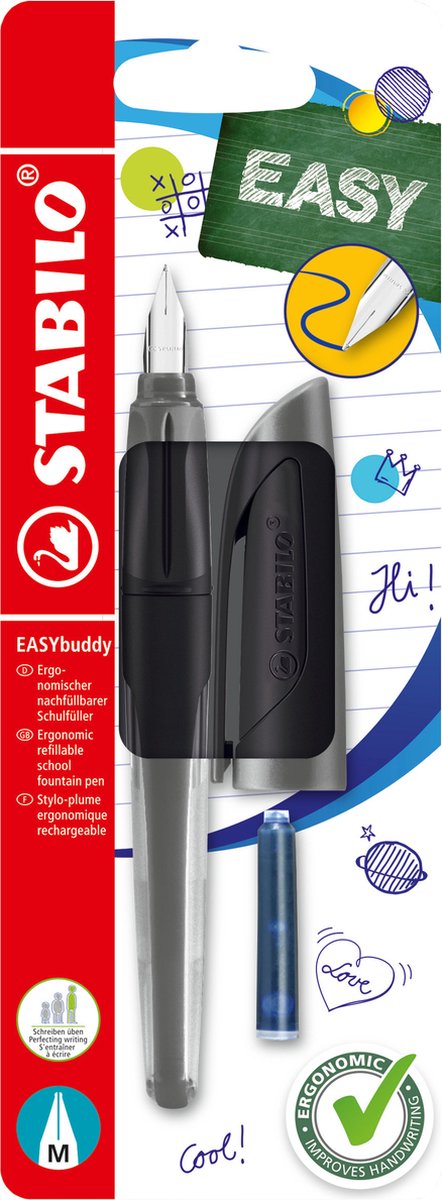 Stabilo easybuddy - ergonomische vulpen - zwart - standaard m punt voor rechtshandigen