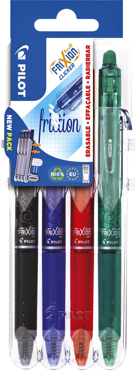 Pilot frixion - clicker pennenset 0.7mm - zwart, blauw, groen, rood - per 4 verpakt