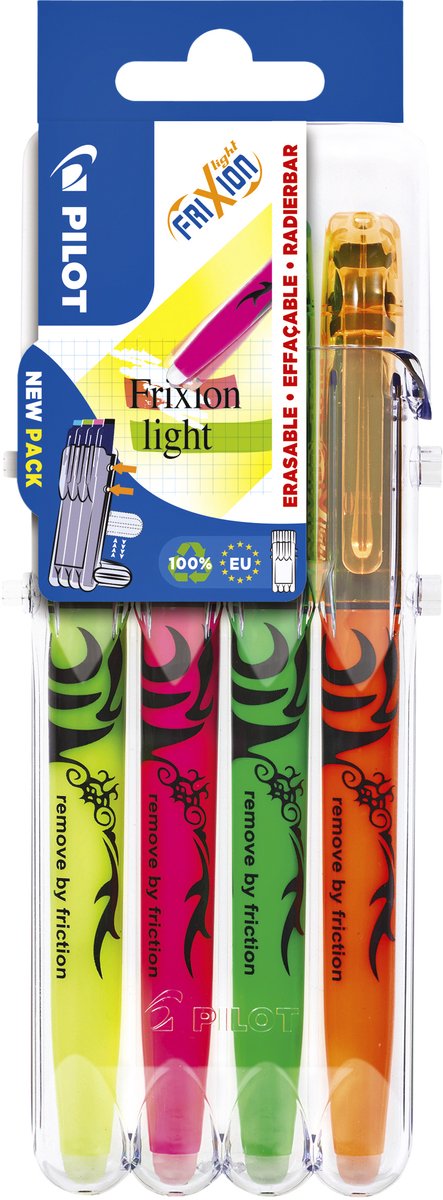 Pilot frixion - markeerstiften - groen, oranje, roze, geel - per 4 verpakt.