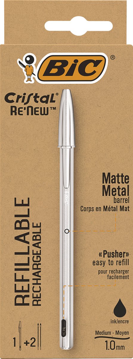 Bic balpen cristal re-new medium zilver + 2 vullingen zwart