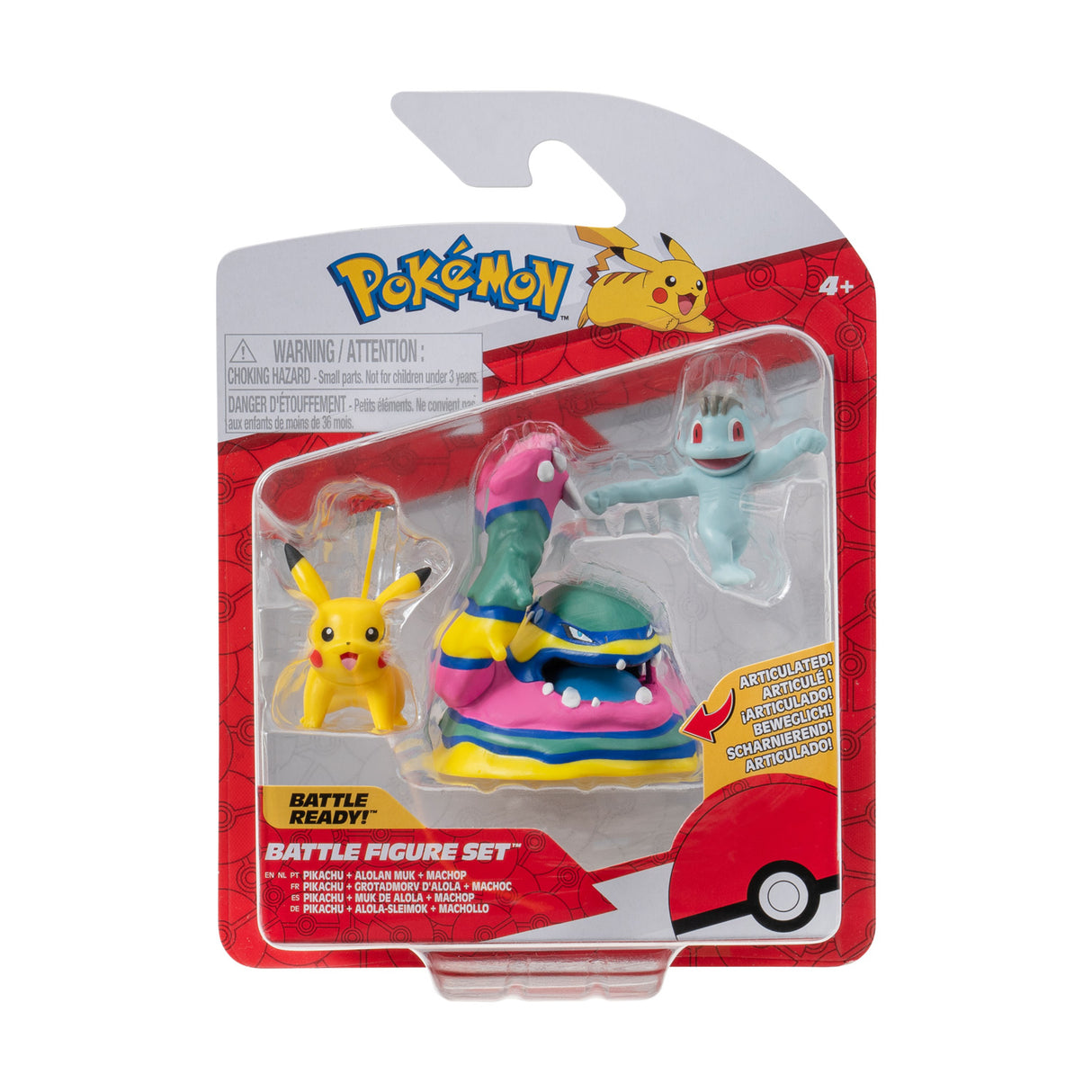 Boti pokémon batte figuur set - machop, pikachu, alolan muk, 3st.