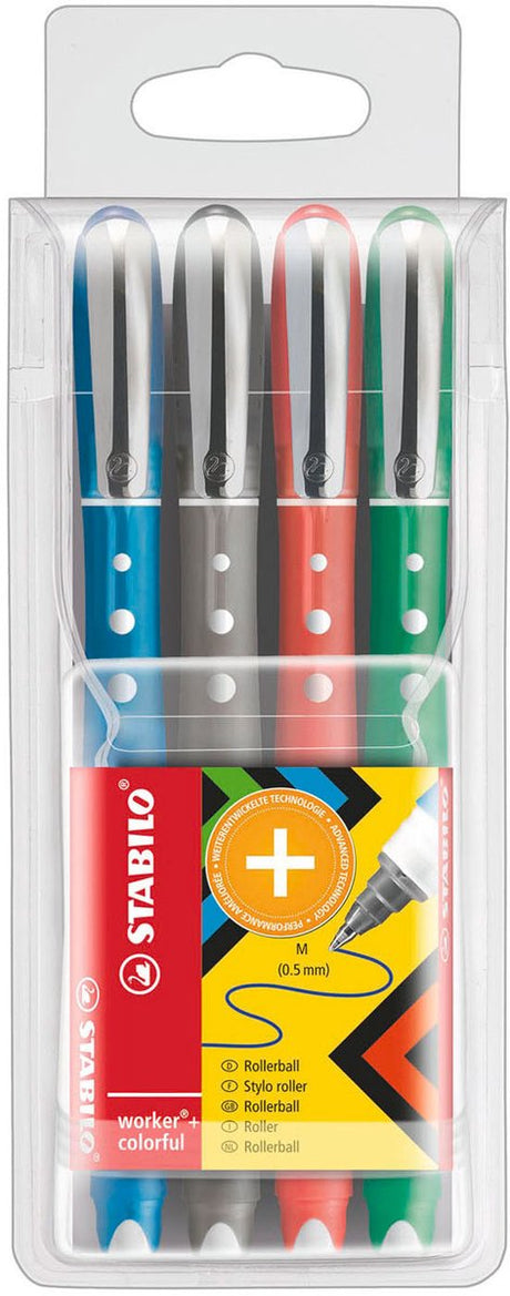 Stabilo worker+ colorful - rollerbal pen 0.5 mm - zwart, blauw, groen rood - etui met 4 kleuren