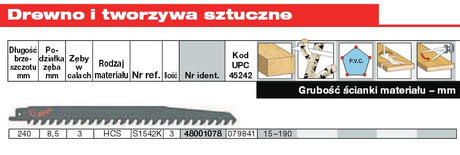 Milwaukee perziken 240 8,5mm hcs 3szt (3) hout
