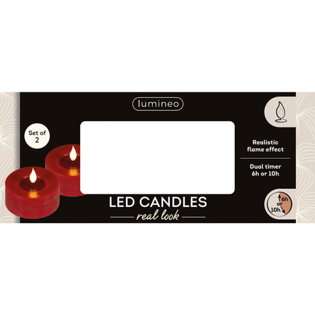 Lumineo realistische led theelicht met vlam effect ø7,5x6cm rood met 6uur timer werkt op batterij- 2 stuks