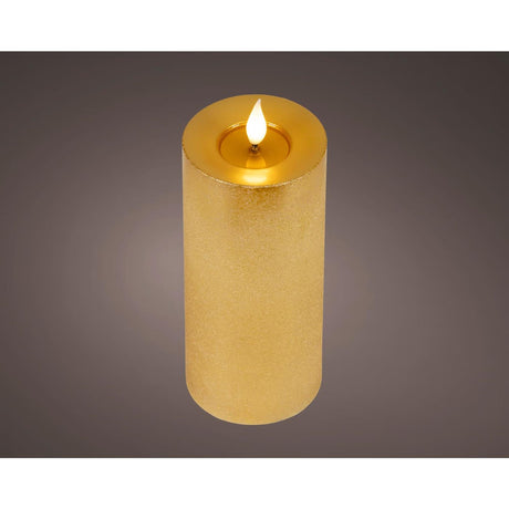 Lumineo realistische led kaars met wax pit en vlam effect ø7.5x20cm goud met 6uur timer werkt op batterij