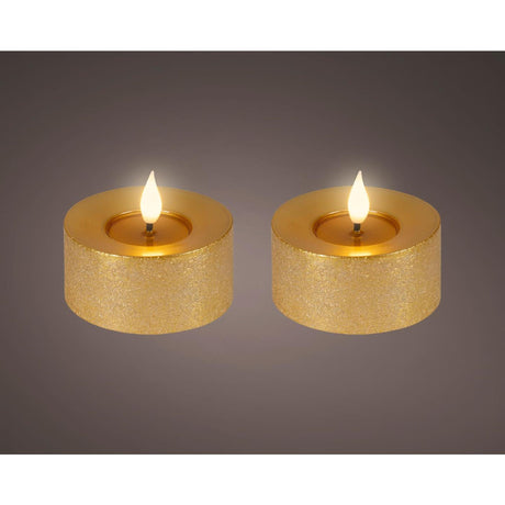 Lumineo realistische led theelicht met vlam effect ø7,5x6cm goud met 6uur timer werkt op batterij-2 stuks
