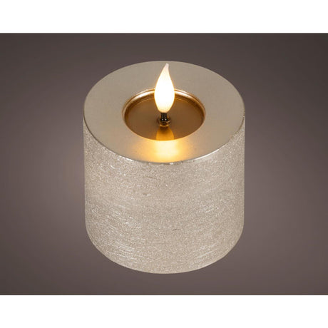 Lumineo realistische led kaars met wax pit en vlam effect ã˜7.5x9,5cm licht grijs met 6uur timer werkt op batterij