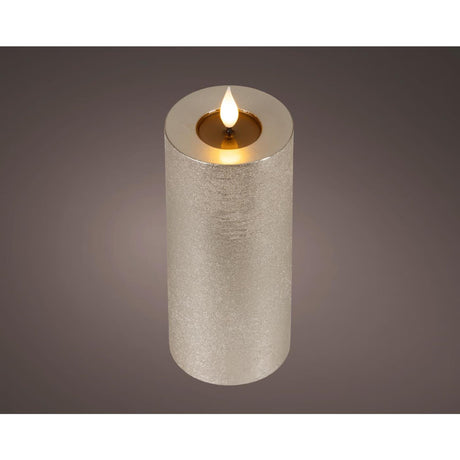 Lumineo realistische led kaars met wax pit en vlam effect ø7.5x20cm licht grijs met 6uur timer werkt op batterij