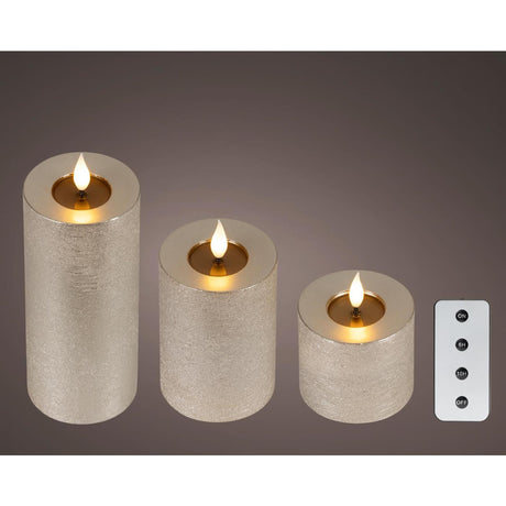 Lumineo 3-delig realistische led kaars met wax pit en vlam effect ø7.5 hoogte 9,5-13,5-20cm champagne met timer werkt op afstandsbediening batterij