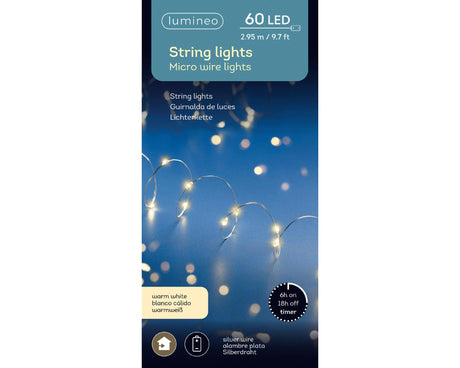 Lumineo strengverlichting micro led 60 lamps voor binnen op batterij met timer 295cm