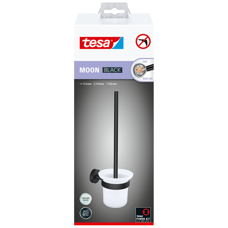 Tesa ® moon black hangende toiletborstelhouder - montage zonder boren - zelfklevend - mat zwart metaal glas - industrieel design - wandmontage