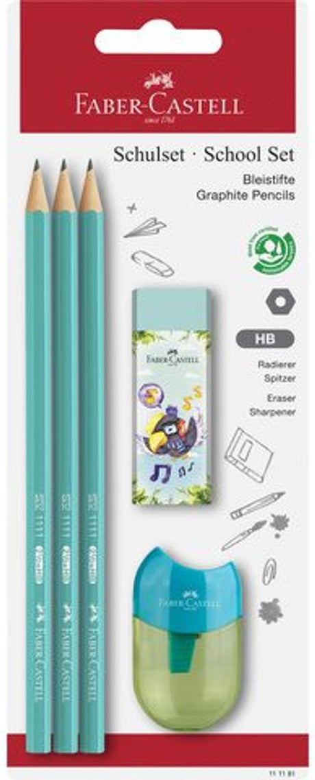 Faber-castell schoolset - grafiet potloden 1111 - hb - gum + puntenslijper - fc-111181