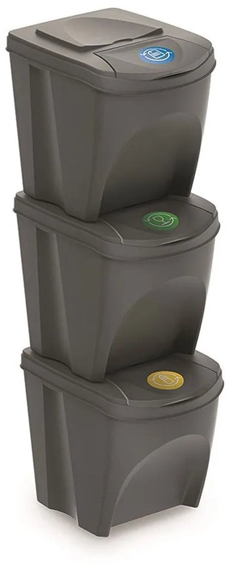 Prosperplast set van 3x kunststof afvalscheidingsbakken grijs van 25 liter - scheidingsprullenbakken