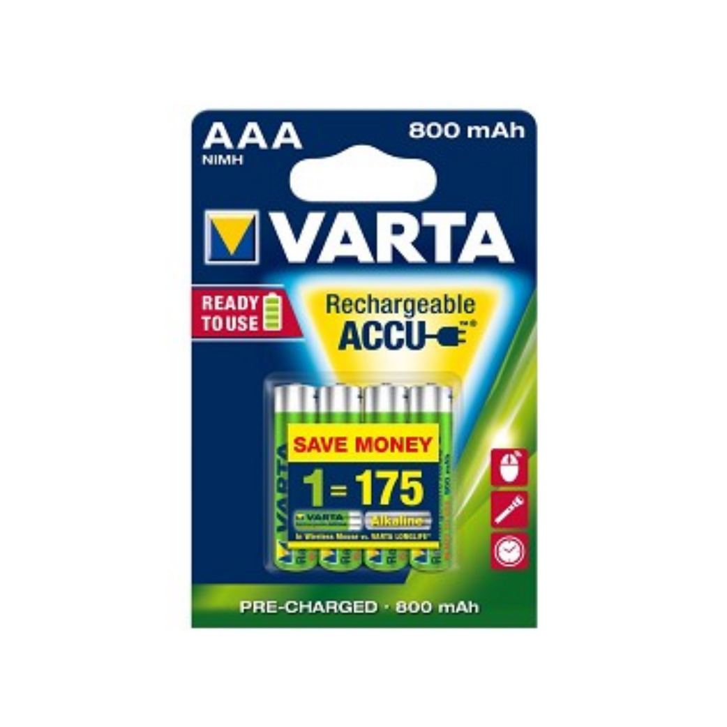 VARTa Opluederbar mini Penlite Batterie AAA 800 Mah Nimh 1.2V 4 Stécker op der Kaart