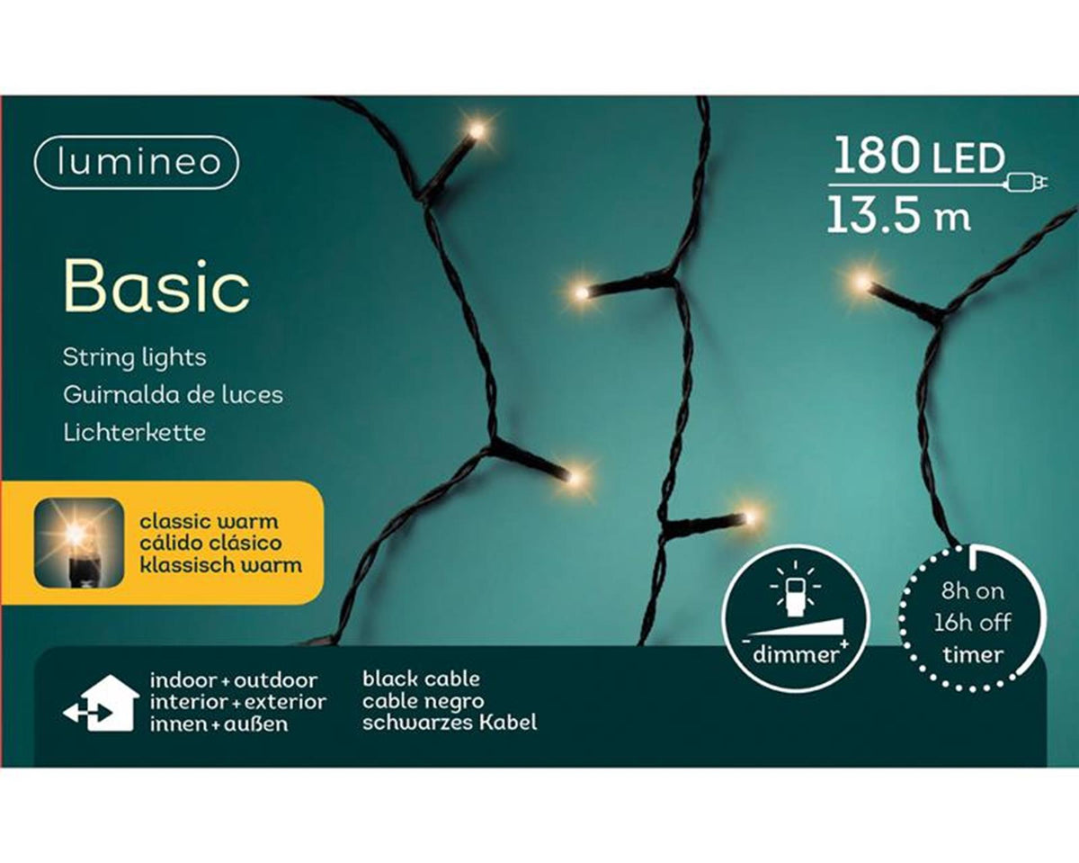 Lumineo led-verlichting 13,5m 180 lampjes classic warm. met 8-uurs timer en dimfunctie-voor binnen en buiten
