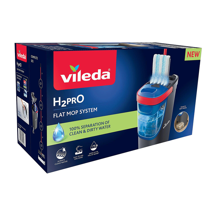 Vileda h2pro flatmop systeem complete set, twee gescheiden waterreservoirs, waterbesparend ontwerp, altijd schoon water