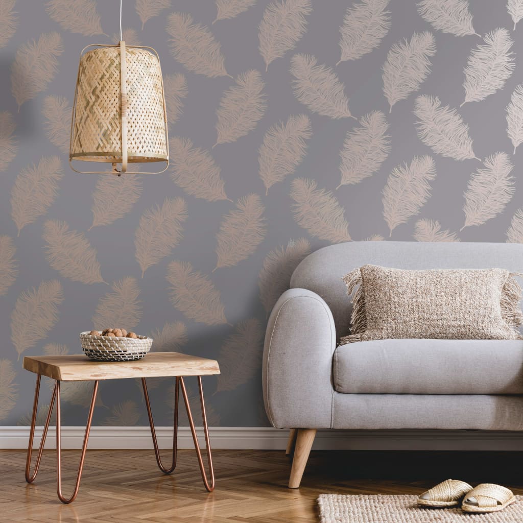 Dutch wallcoverings dutch wallcoverings behang fawning feather grijs en roségoudkleurig