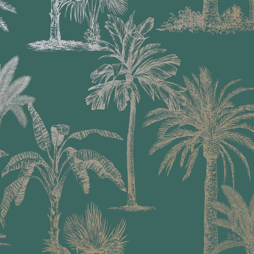 Dutch wallcoverings behang tropical trees teal en zilverkleurig