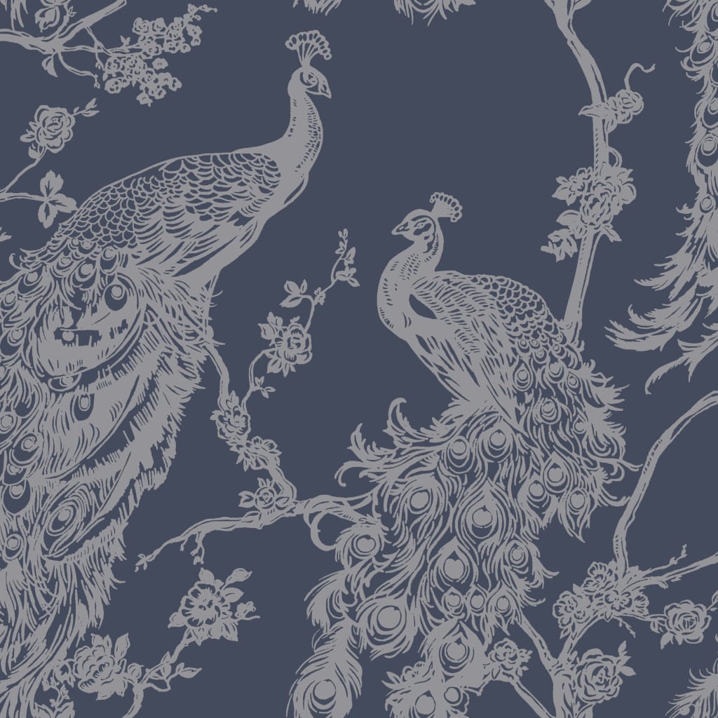 DUTCH WALLCOVERINGS DUTCH WALLCOVERINGS Behang Peacock marineblauw en zilverkleurig