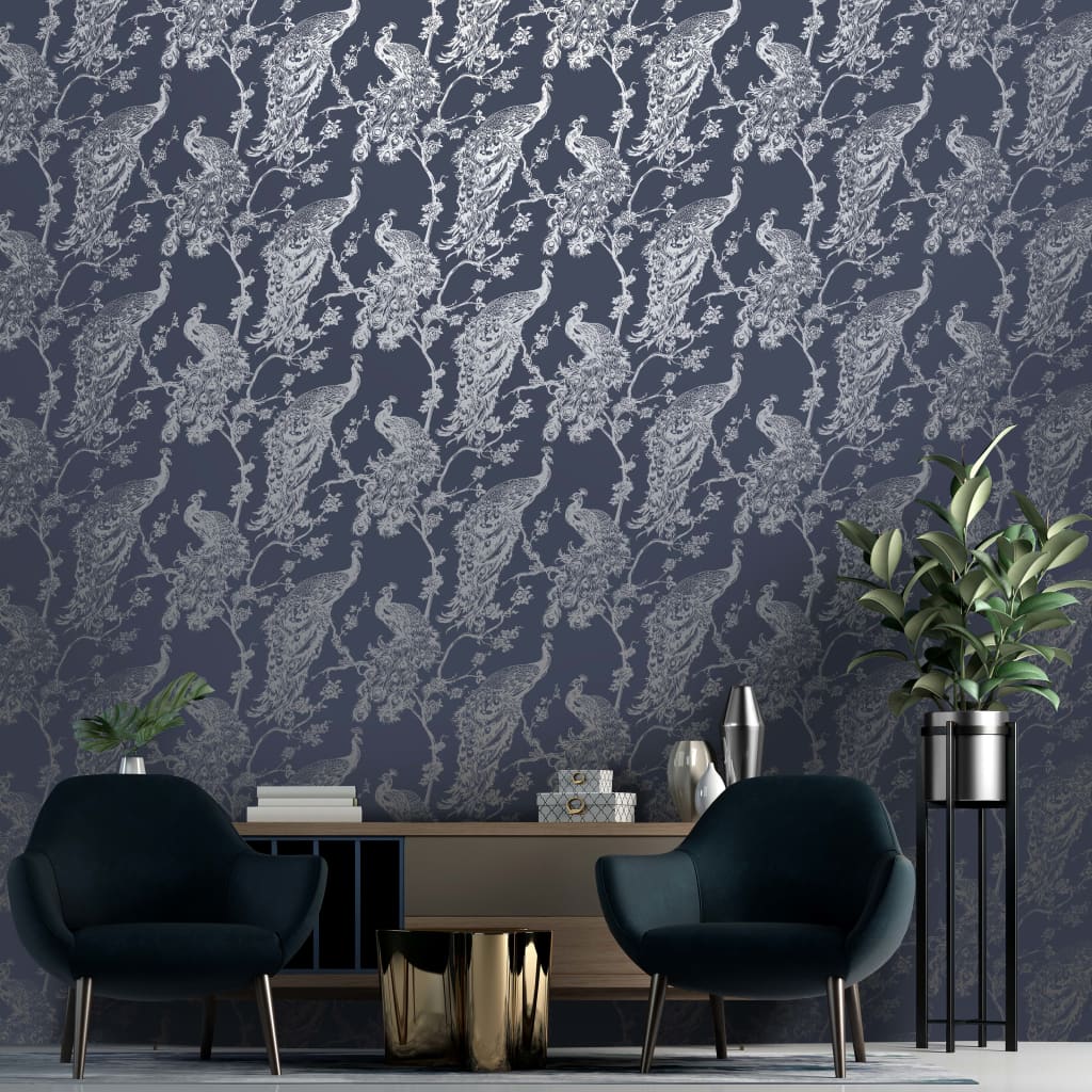 DUTCH WALLCOVERINGS DUTCH WALLCOVERINGS Behang Peacock marineblauw en zilverkleurig