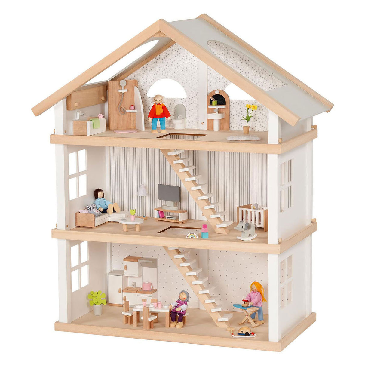 Goki Houten Poppenhuis Modern Living met 3 Verdiepingen