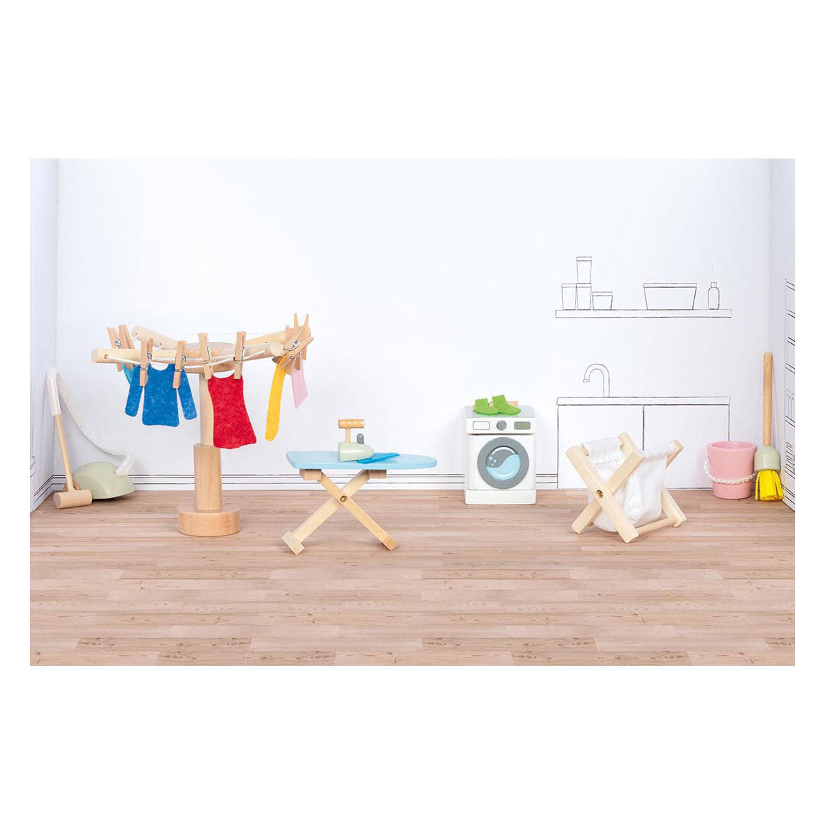 Goki houten poppenhuis meubels wasruimte accessoires