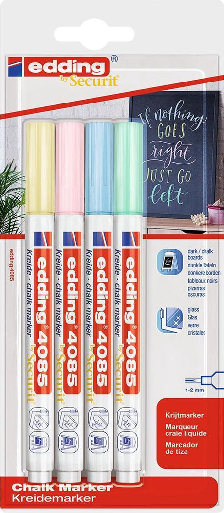 Edding 4085 krijtmarker - 4 pastel kleuren raamstiften - ronde punt 1-2 mm - raamstiften voor borden, ruiten, glas, spiegels - krijtstift voor ramen zijn afwasbaar en uitwisbaar
