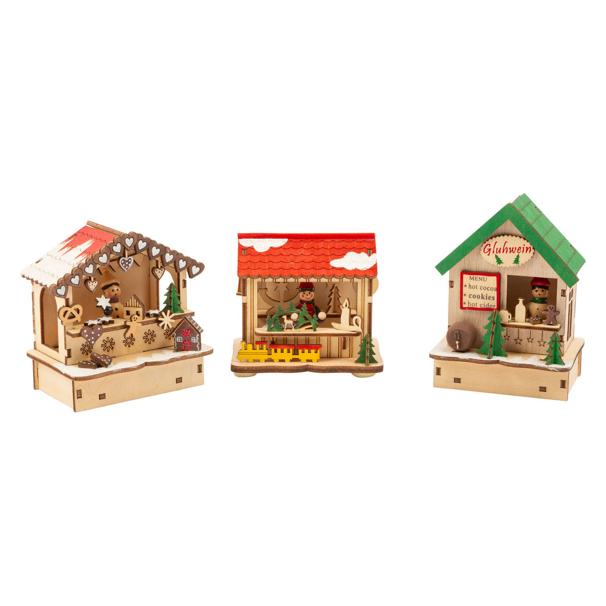 Small Foot Houten Decoratie Kerstmarkt met Lampjes, Set van 3