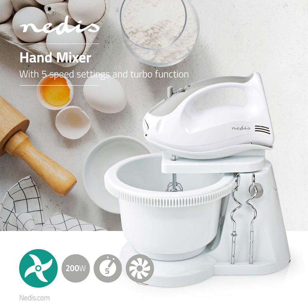 Nedis kahm110cwt handmixer 200 w 5-snelheden turbo-functie draaikom 2 deeghaken 2 kloppers grijs wit