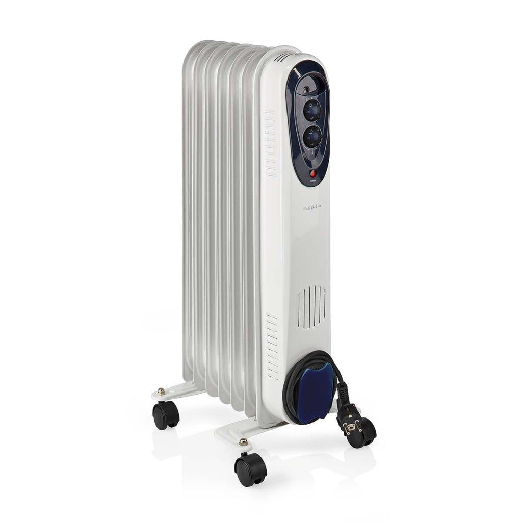 Nedis HTOI30WT7 Mobiele Olieradiator 600 900 1500 W 7 Vinnen Instelbare Thermostaat 3 Warmte Standen Omvalpreventie Wit