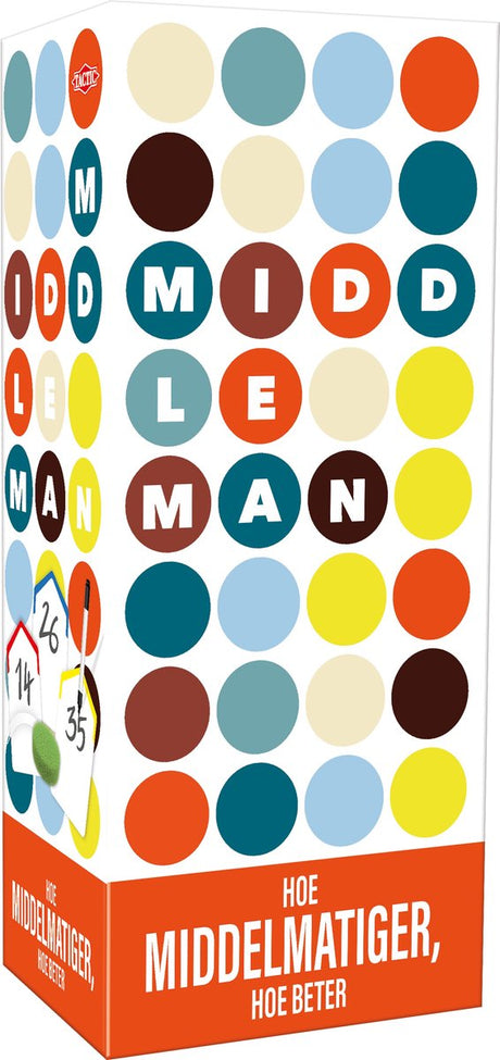 Tactic middleman - partyspel - hoe middelmatiger hoe beter - origineel familiespel - denk als de gemiddelde speler - hilarisch gezelschapsspel - 3 tot 5 spelers - vanaf 10 jaar