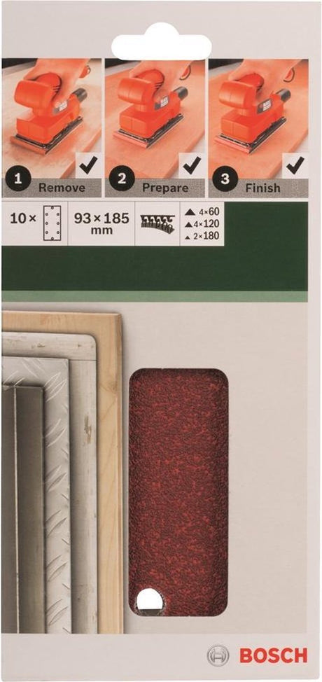 Bosch 10-delige schuurbladset voor vlakschuurmachines 93 x 185 mm - korrel 60; 120; 180