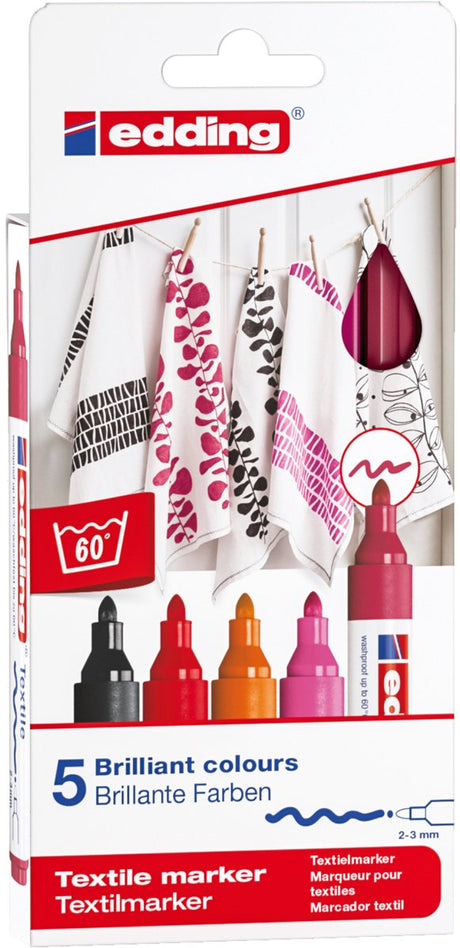 Edding 4500 textielstift - zwart, rood, oranje, roze en karmijnrood - 5 stuks - ronde punt 2-3 mm - textielstiften wasmachinebestendig (60°c) om op textiel te tekenen - textielmarker voor volwassenen en kinderen
