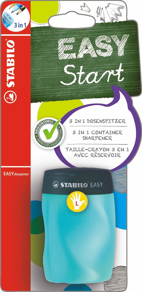 Stabilo easysharpener - ergonomische 3 in 1 puntenslijper - linkshandig - blauw - geschikt voor alle potloden
